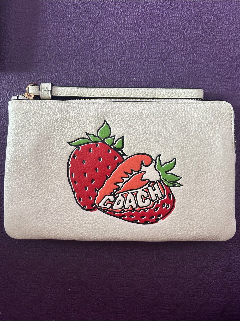 Coach White Leather Wristlet with Red Strawberry Graphic